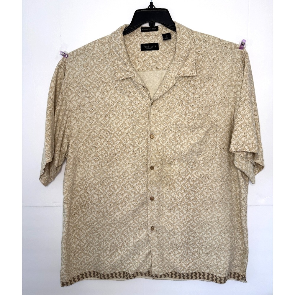 Mens XXL Washable Silk Camp Shirt Tan Leaf Print Short Sleeve Button Up Vacation